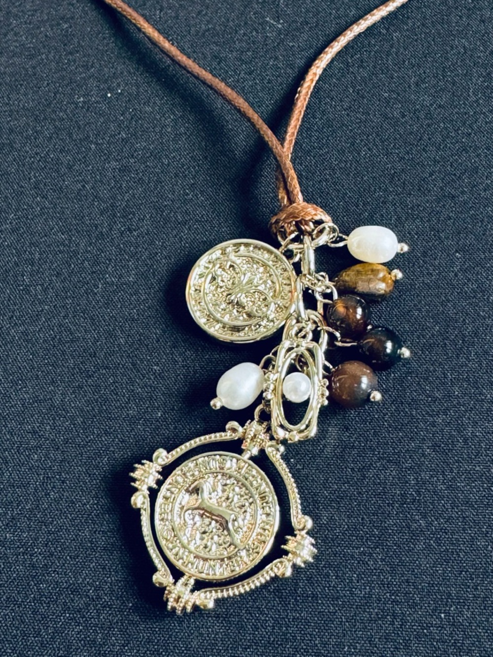 Gold-Tone Coin Pendant Necklace with Brown Bead Accents